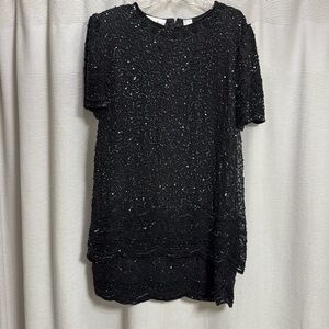 Vintage Beaded Silk LBD Sz XL EUC shiny jet and‎ sequin all over scalloped tiers